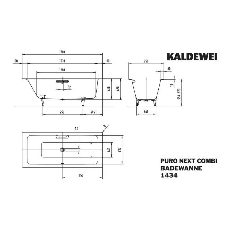 Kaldewei PURO NEXT COMBI Mod 1434 Innebygd Badekar 170x75 cm
