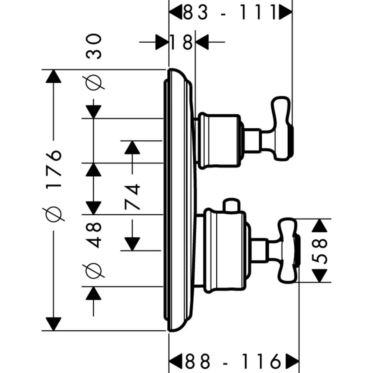 Axor Montreux Innebygd Termostatmodul med kryssgrep og avsperring/vender - 2 uttak