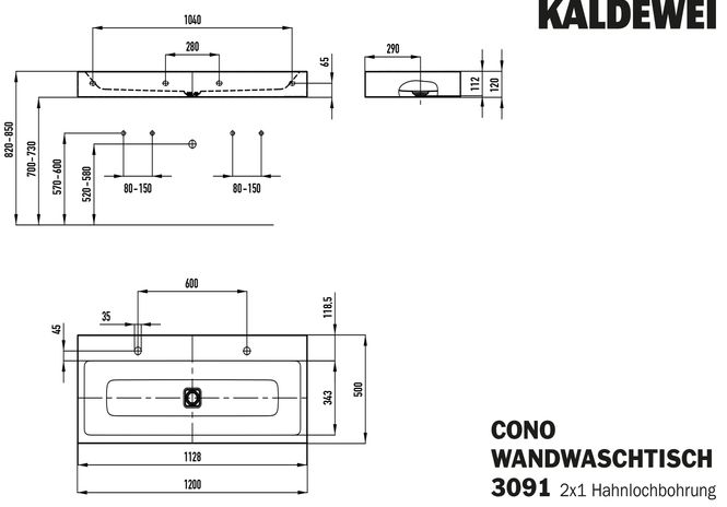 Hovedbilde Kaldewei CONO Mod 3091-D Dobbel Vegghengt Servant, 120x50 cm, Black ...