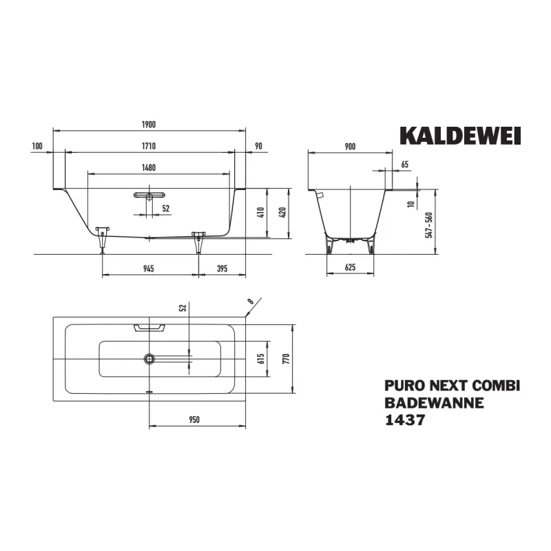Kaldewei PURO NEXT COMBI Mod 1437 Innebygd Badekar 190x90 cm
