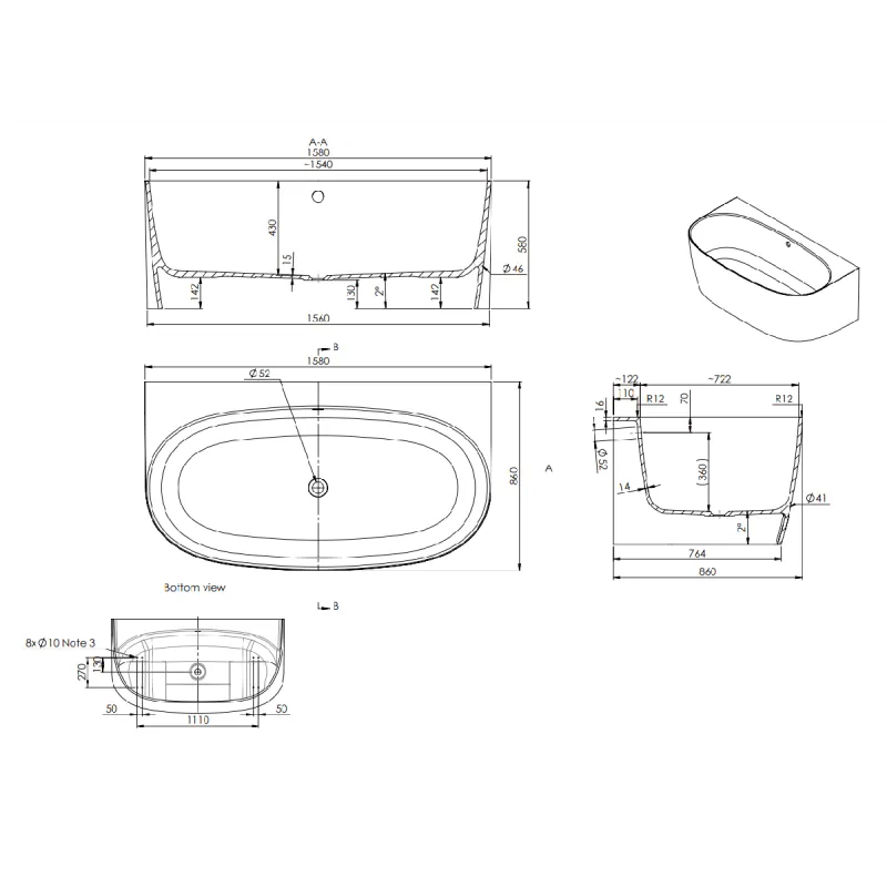 Strømberg Arden Back-To-Wall Badekar 160x86 cm