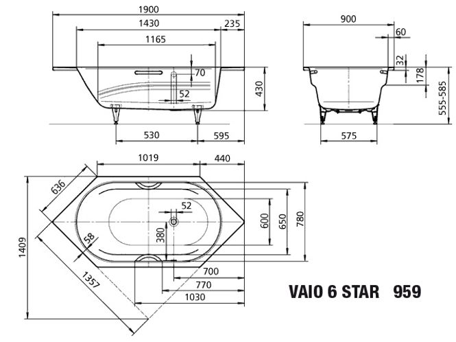 Hovedbilde Kaldewei VAIO 6 STAR Mod 959 Badekar 190x90 cm, Pergamon, Anti-Slip
