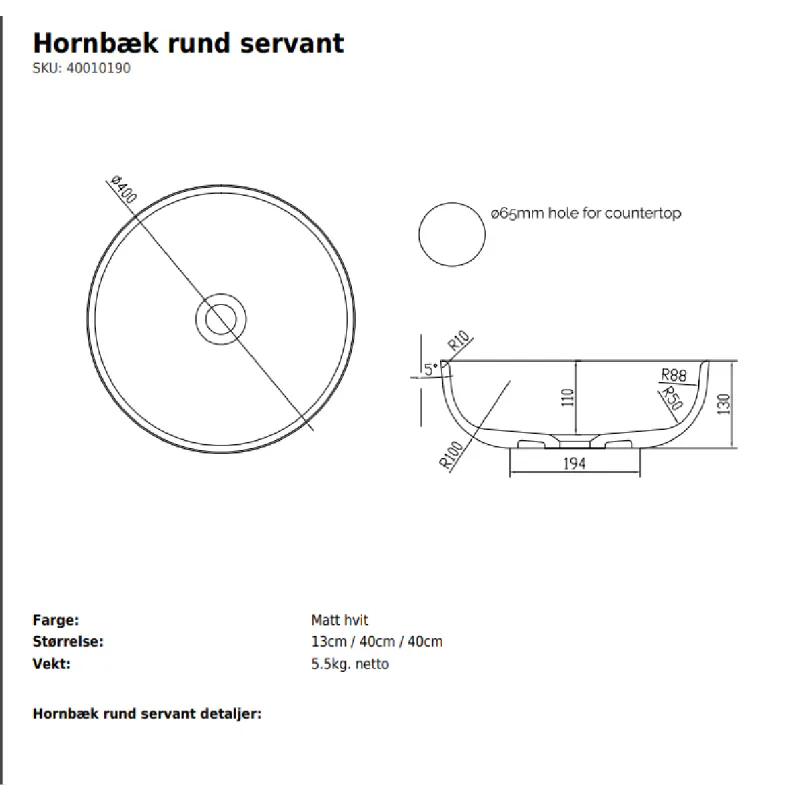 Copenhagen Bath Hornbæk rund ø43 cm servant - toppmontert