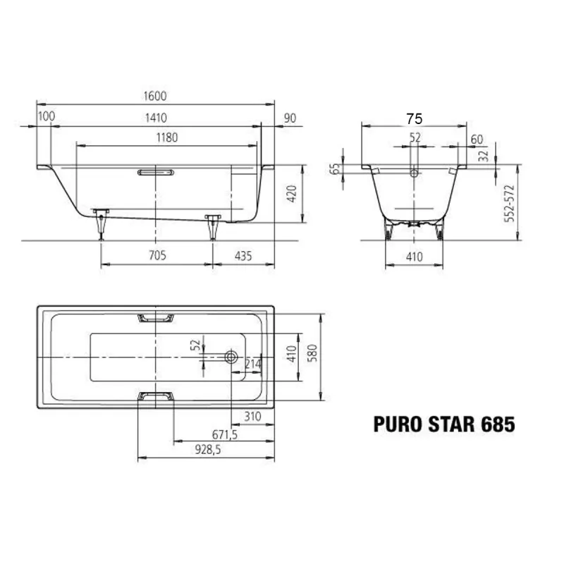 Kaldewei PURO STAR Mod 685 Innebygd Badekar 160x70 cm