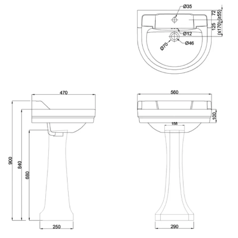 Burlington Edwardian rund servant 56x47 cm inkl.søyle i hvit