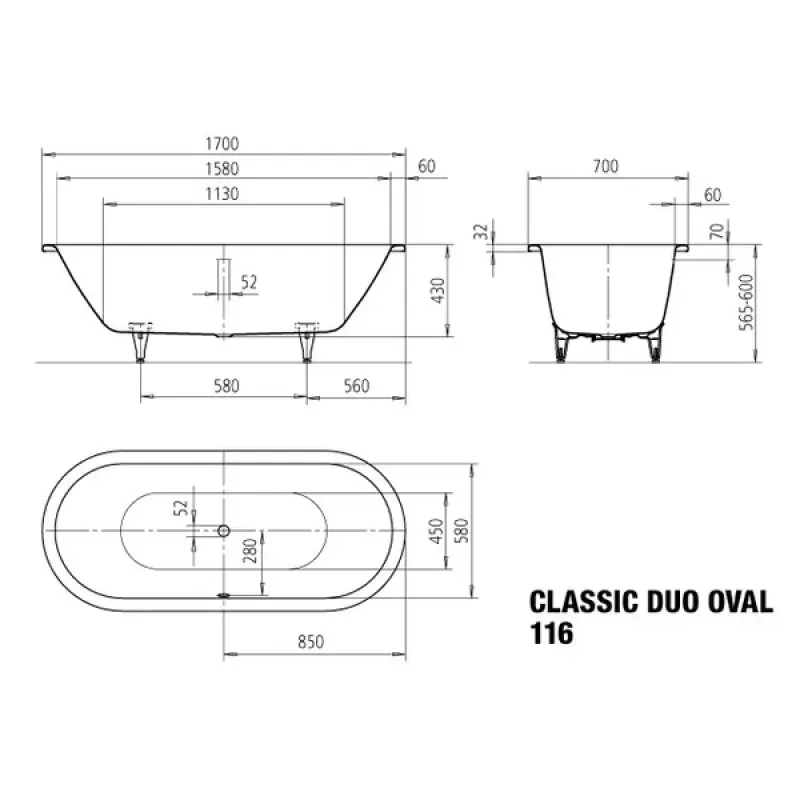 Kaldewei CLASSIC DUO OVAL Mod 116 Innebygd badekar 170x70 cm