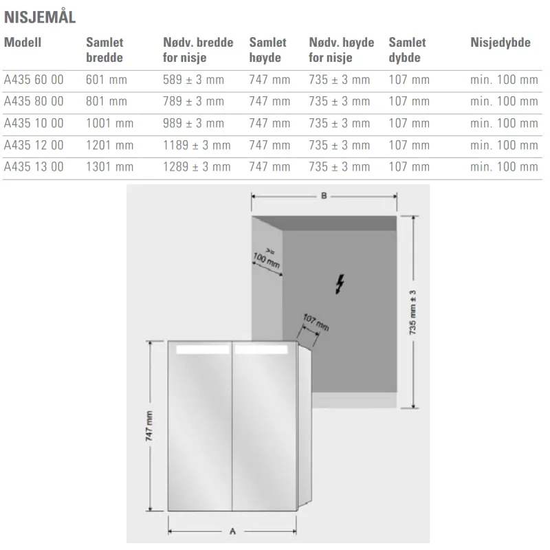 Villeroy & Boch My View In speilskap 60-130 cm med belysning - Innebygd