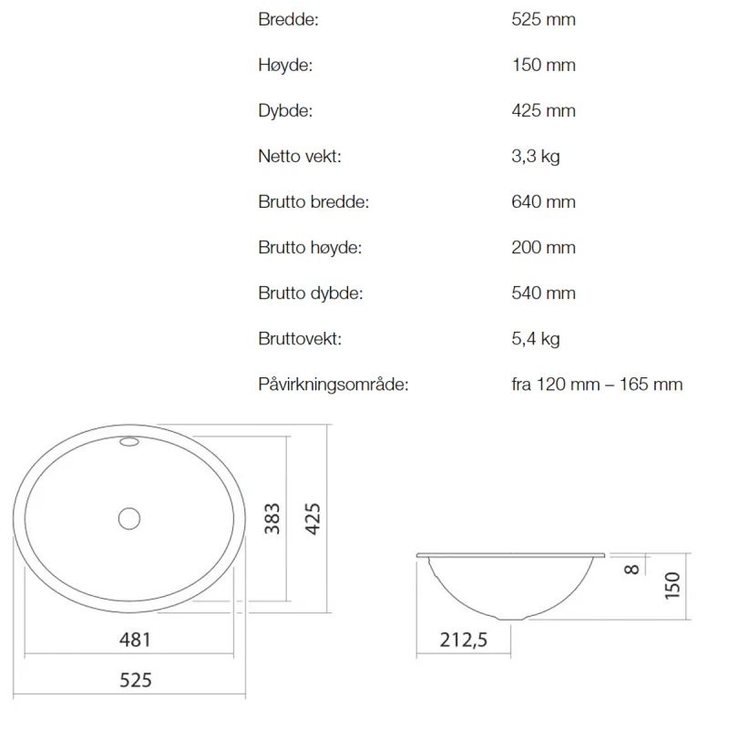 Alape EB.O525 servant 52.5x42.5 cm nedfelt m/ overløp