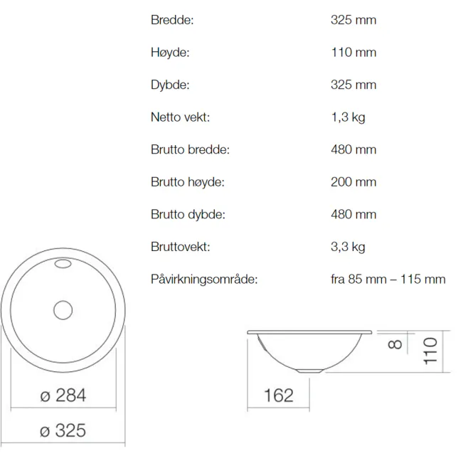 Hovedbilde Alape EB.K325 servant ø32.5 cm nedfelt m/ overløp