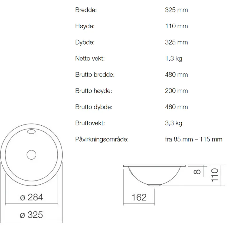 Alape EB.K325 servant ø32.5 cm nedfelt m/ overløp