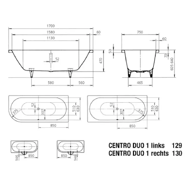 Hovedbilde Kaldewei CENTRO DUO 1 VENSTRE Mod 129 Innebygd Badekar 170x75 cm