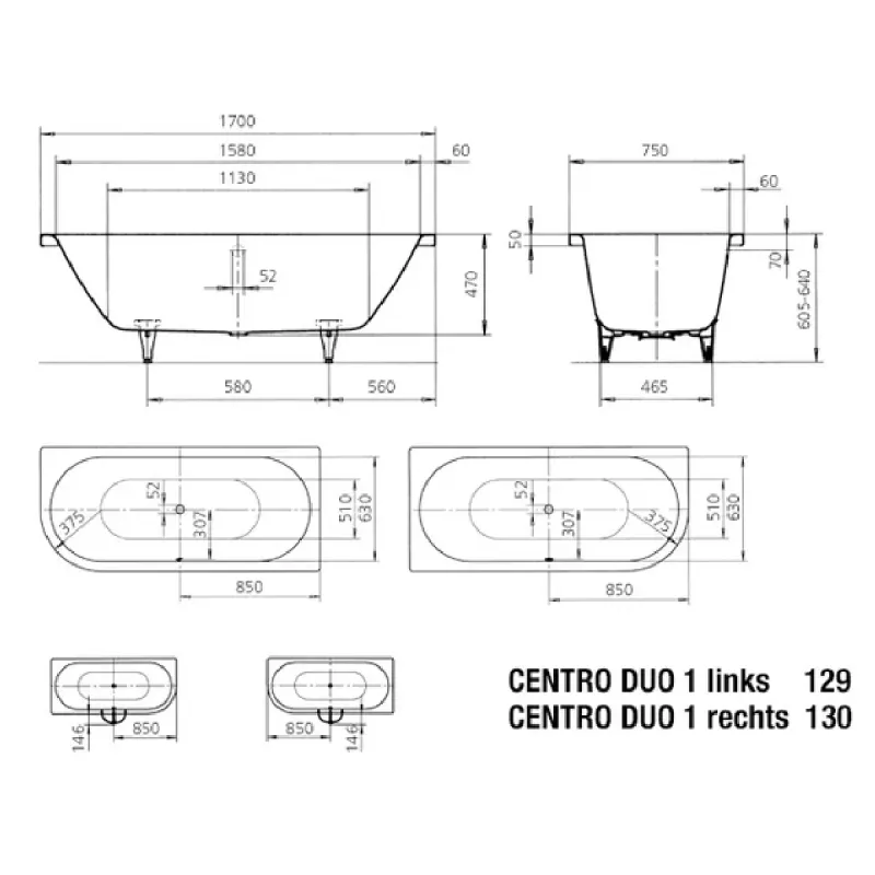 Kaldewei CENTRO DUO 1 VENSTRE Mod 129 Innebygd Badekar 170x75 cm