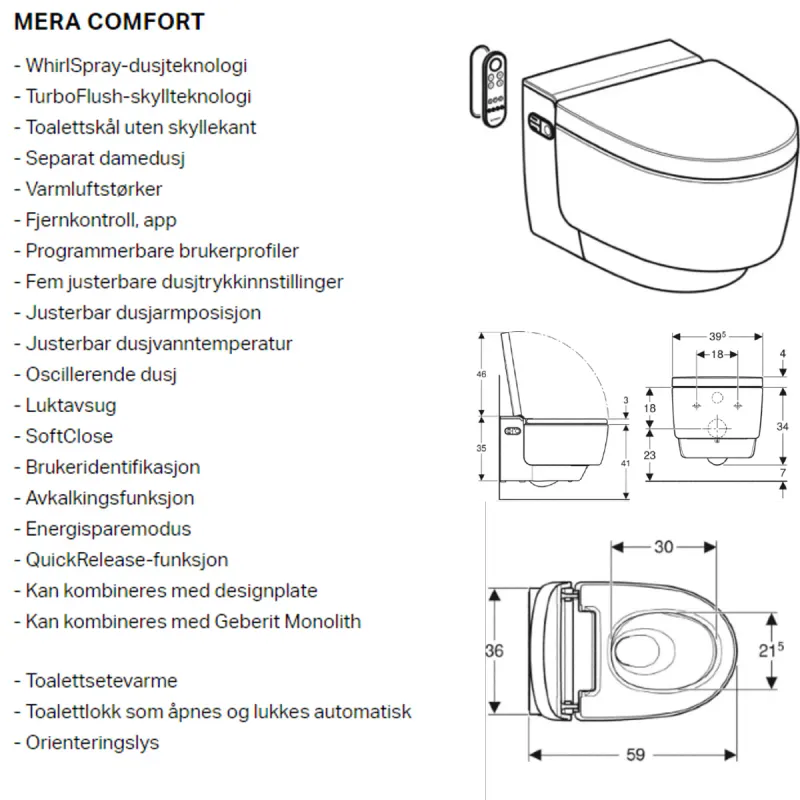 Geberit Aquaclean Mera Comfort vegghengt dusjtoalett
