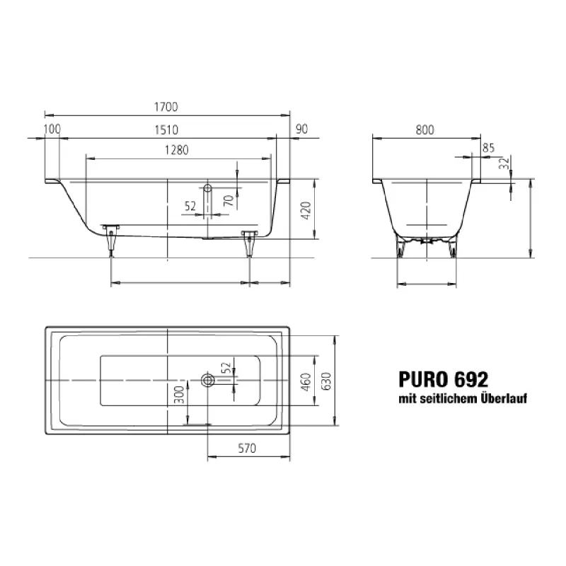 Kaldewei PURO Side Overflow Mod 692 Innebygd Badekar 170x80 cm