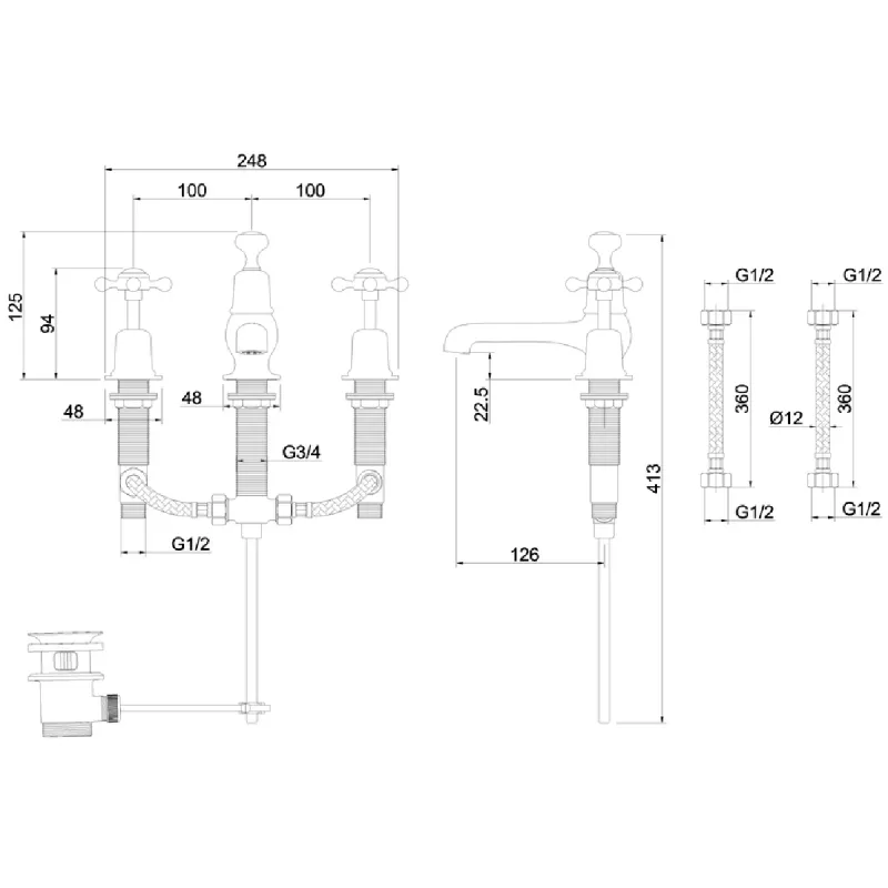 Burlington 3-hulls Claremont servantbatteri m/oppløftsventil