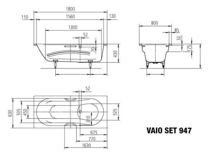 Hovedbilde Kaldewei VAIO SET STAR Mod 947 Badekar 180x80 cm, Black, Easy-Clean ...