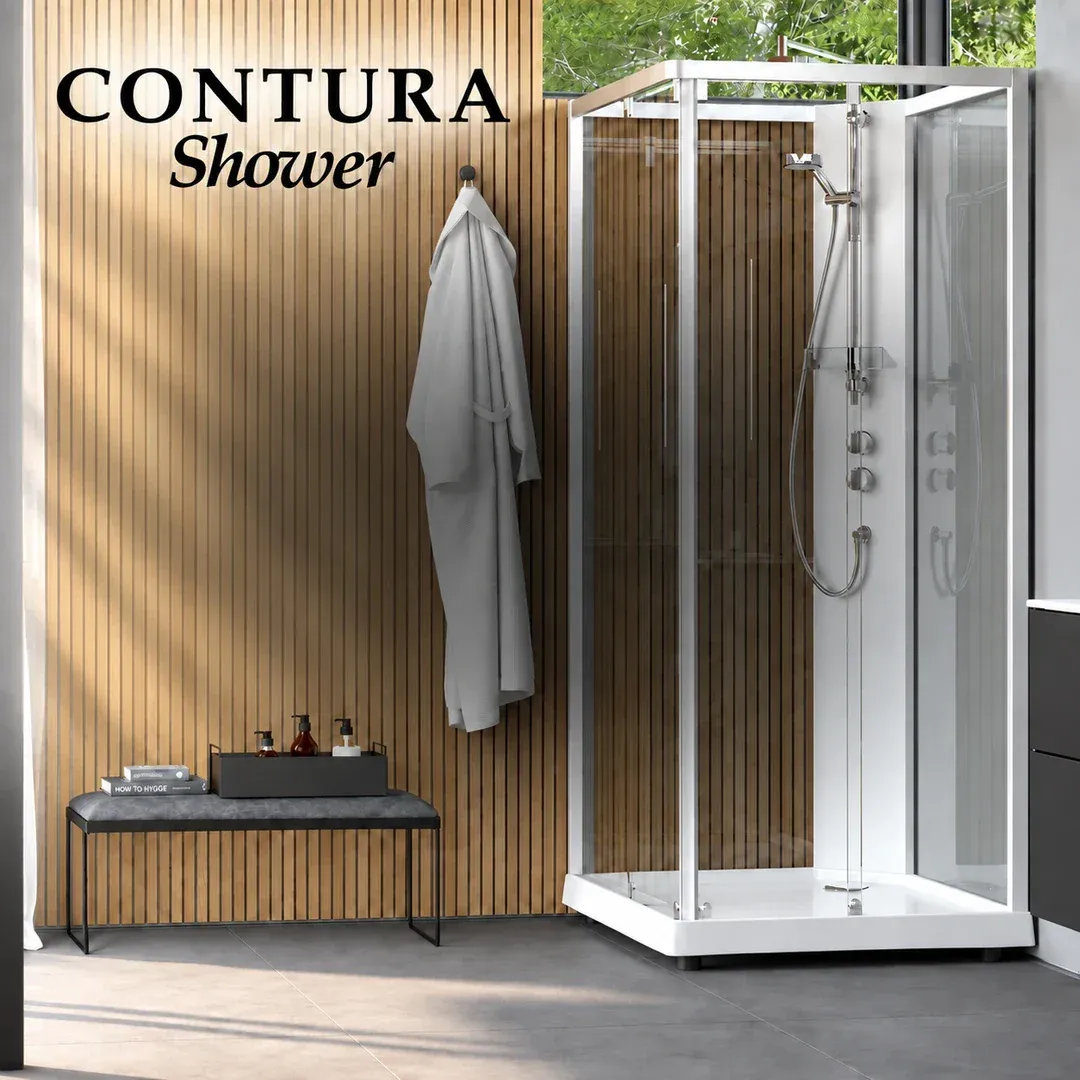 Contura Shower dusjkabinett med glassvegger og hvite profiler. -25% på dusjløsninger i hele oktober