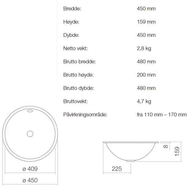 Hovedbilde Alape EB.K450 servant ø45 cm nedfelt m/ overløp