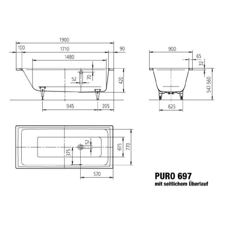 Kaldewei PURO Side Overflow Mod 697 Innebygd Badekar 190x90 cm
