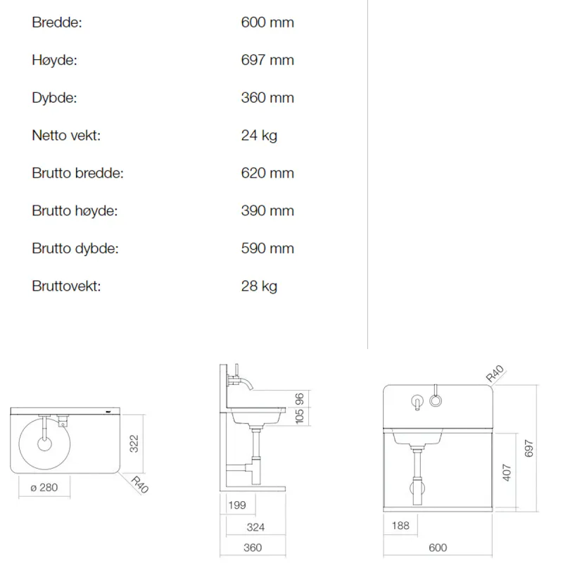 Alape WP.S19.1R servant 60x36 cm vegghengt inkl. blandebatteri