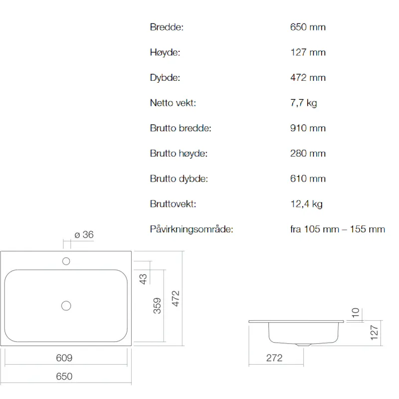 Alape EB.SR650H servant 65x47.2 cm nedfelt